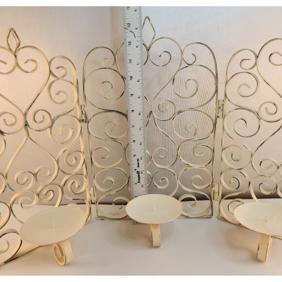 Scrolled Metal 3-Panel Folding Candelabra Screen Cream Distressed Finish - Picture 4 of 13